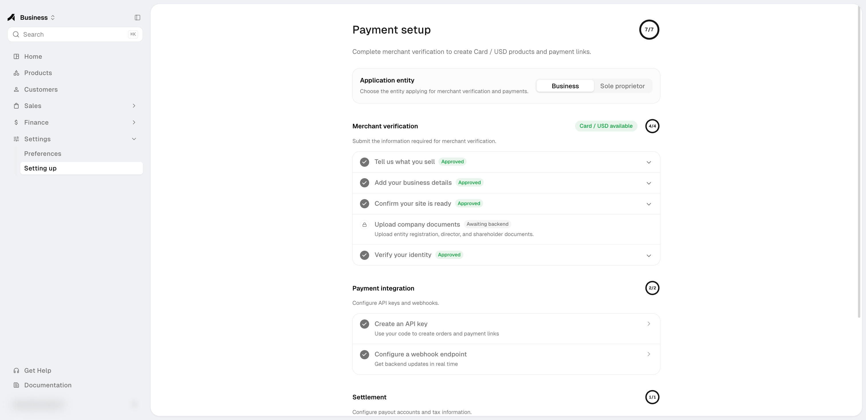 Payment setup with merchant verification approved — Card / USD available