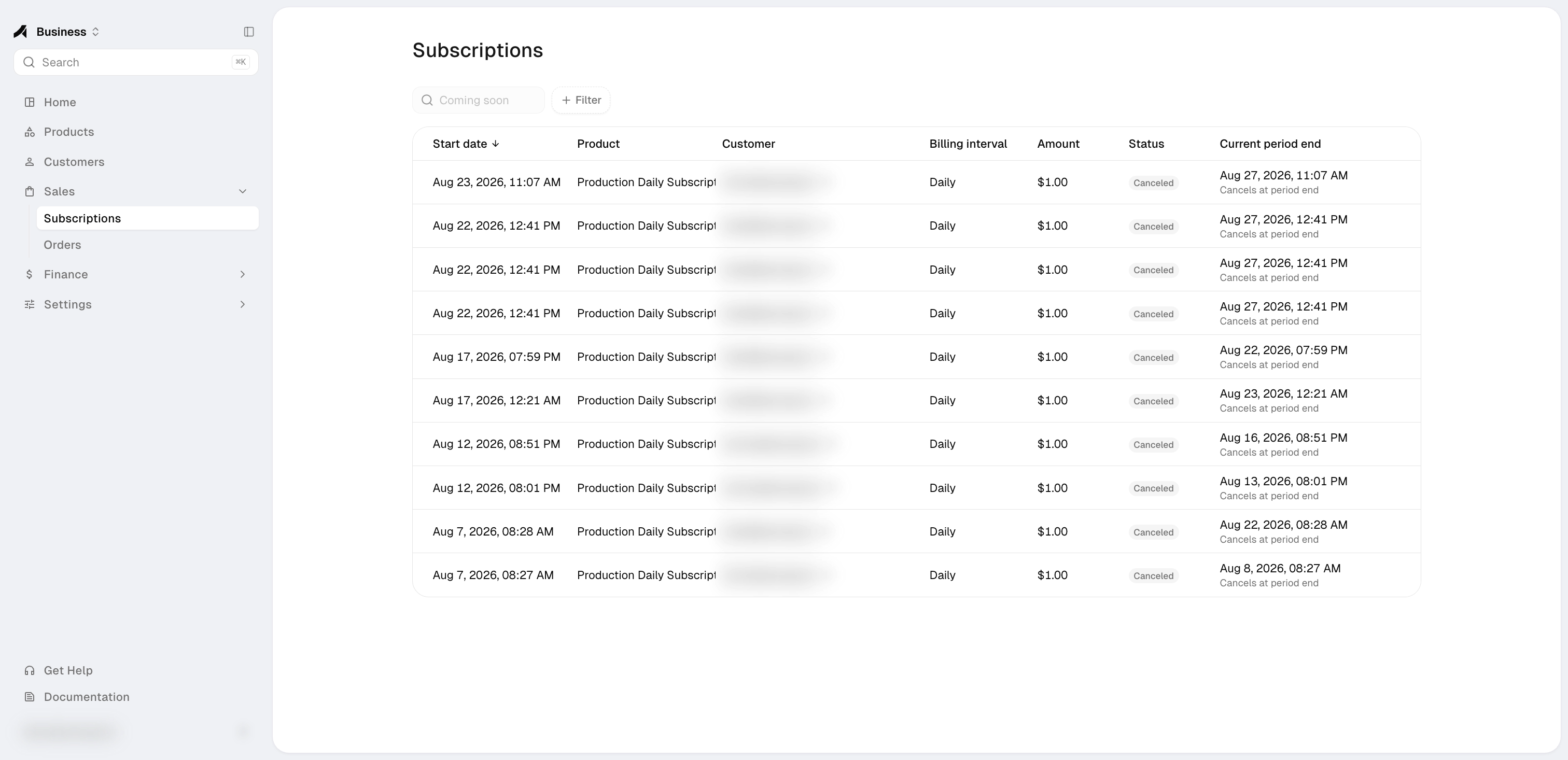 Subscriptions — recurring billing with interval, status, and period end