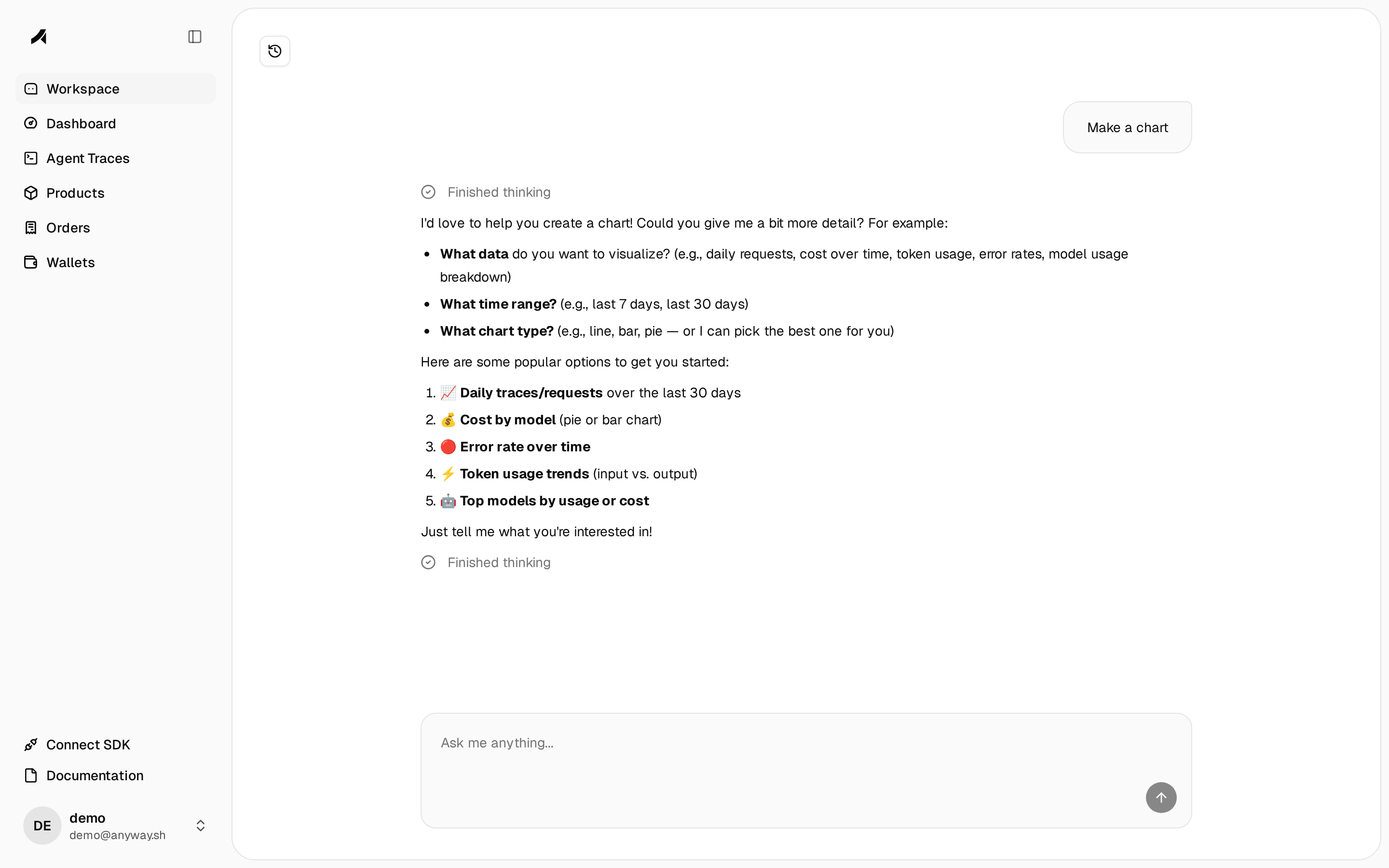 Workspace — AI chat with tool invocation bubbles