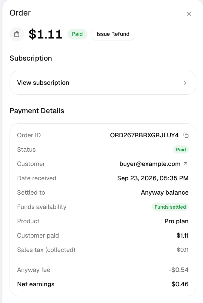 Order details listing Customer paid and Sales tax (collected) on separate lines