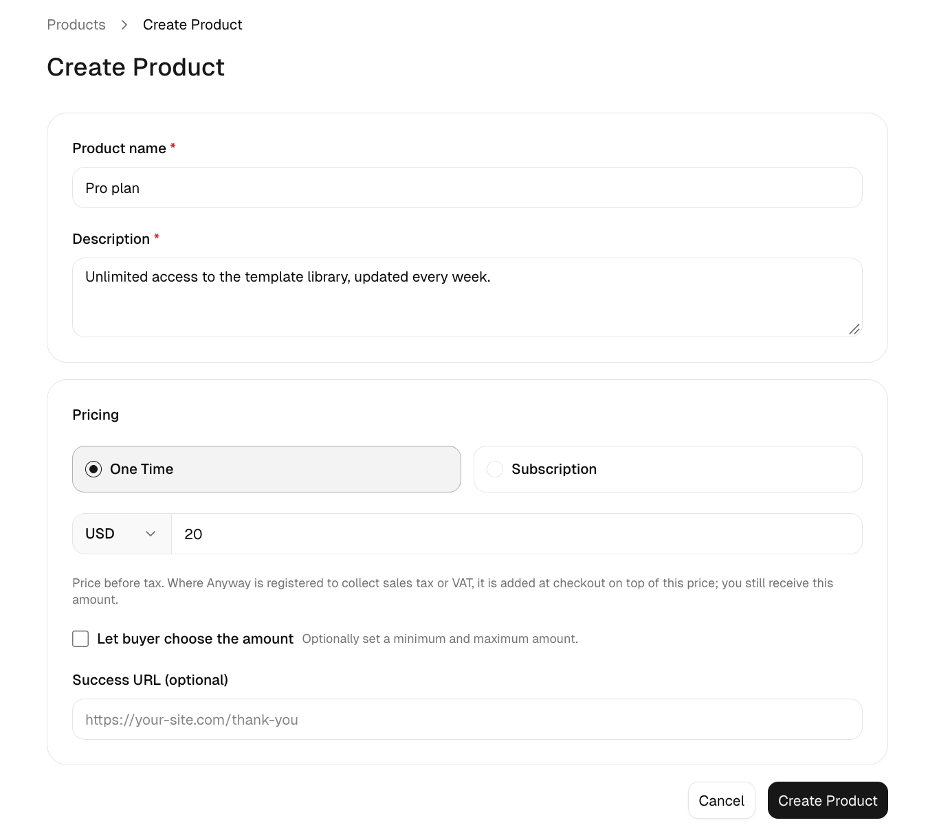 Create Product form, with a note under the price that it is the price before tax