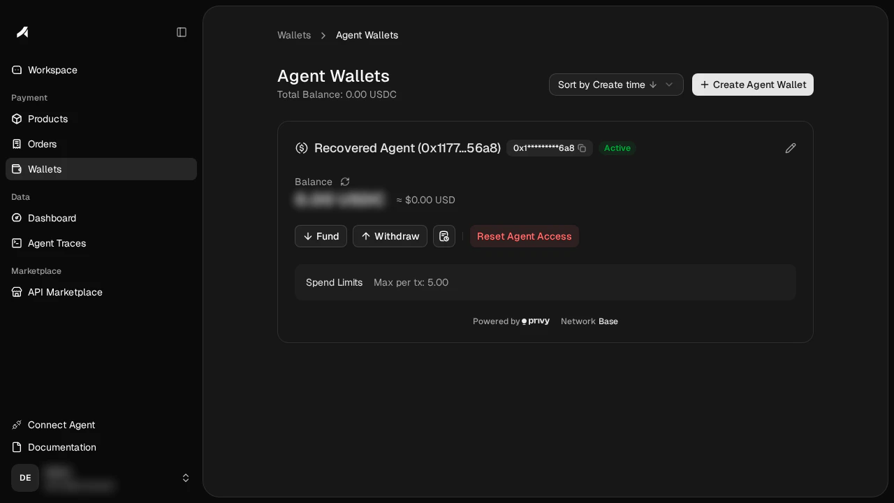 Agent wallet management page with Fund, Withdraw, and Reset buttons