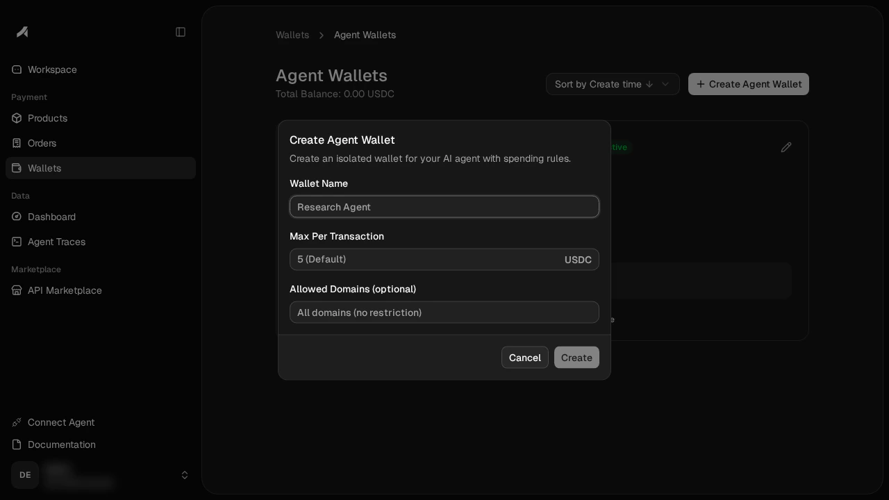 Create Agent Wallet dialog with name and spending limit fields