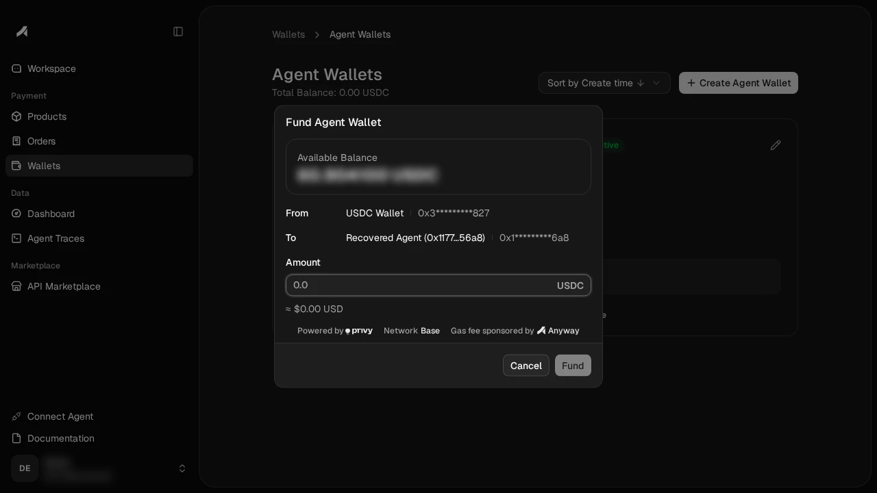 Fund Agent Wallet dialog showing From, To, and Amount fields