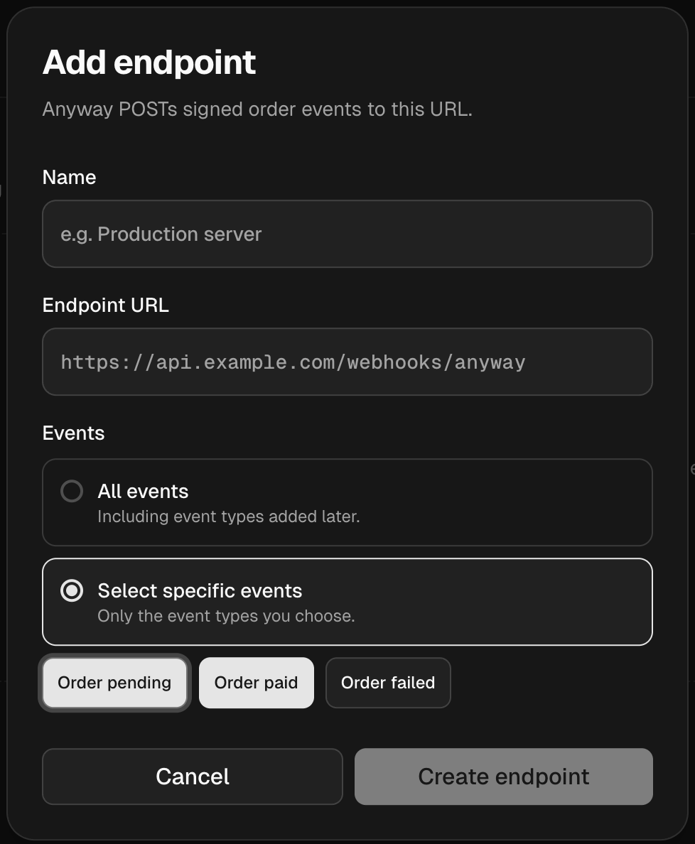 Add endpoint dialog with name, URL, and event selection