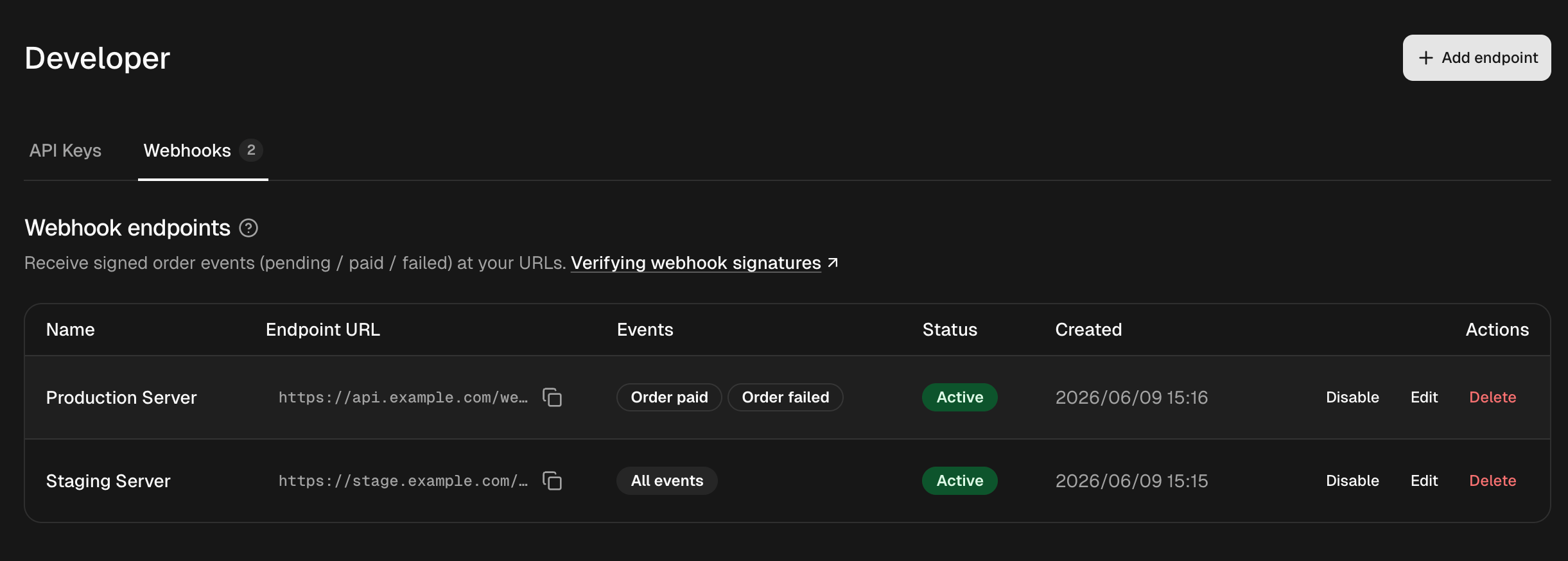 Webhooks tab on the Developer page, with the Add endpoint button