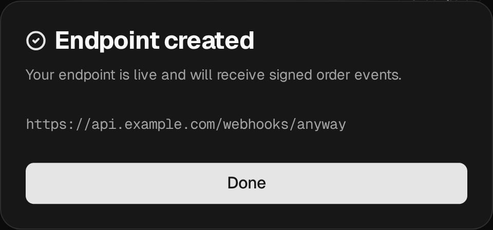 Endpoint created confirmation dialog