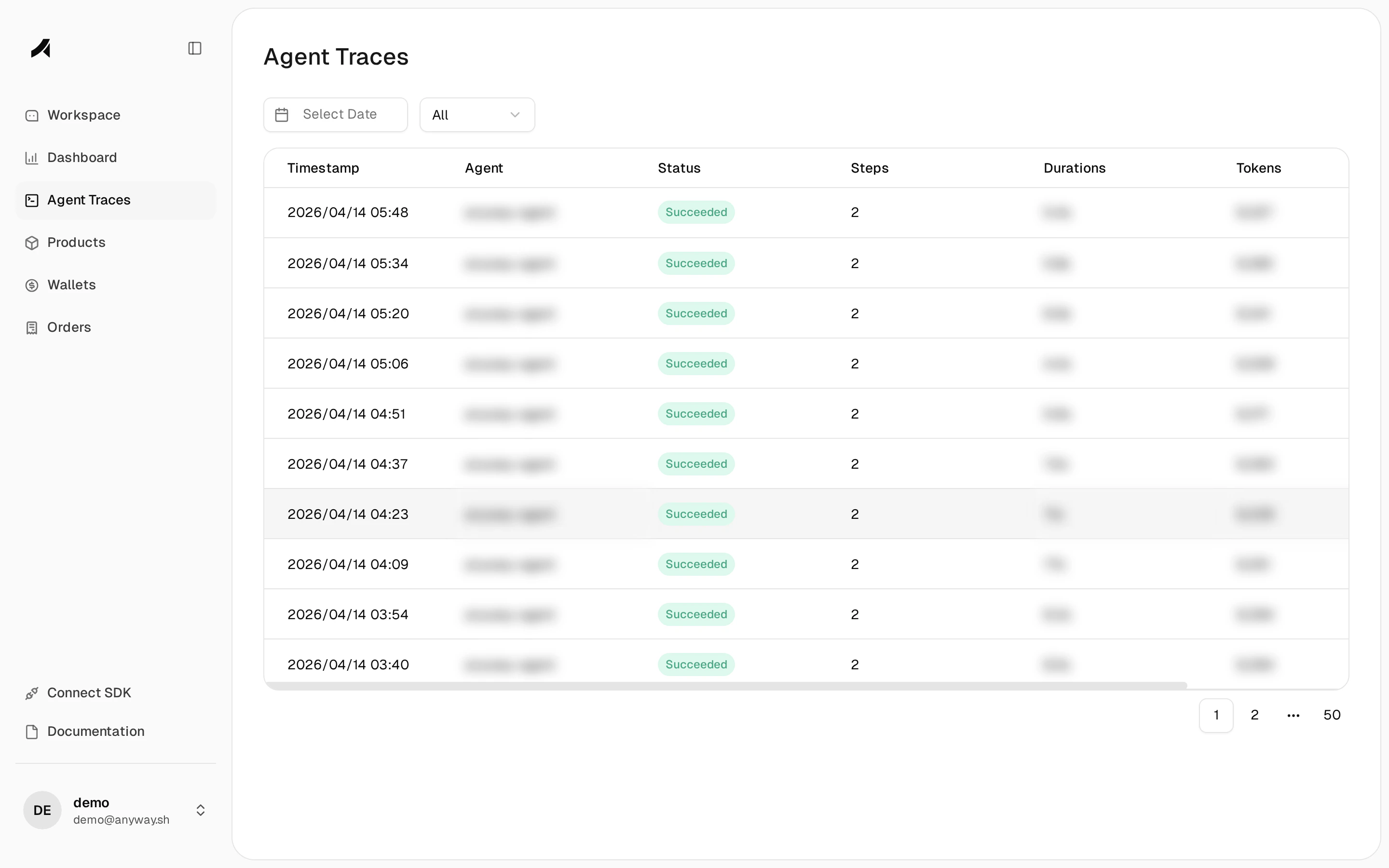 Agent Traces — execution logs with tokens and cost