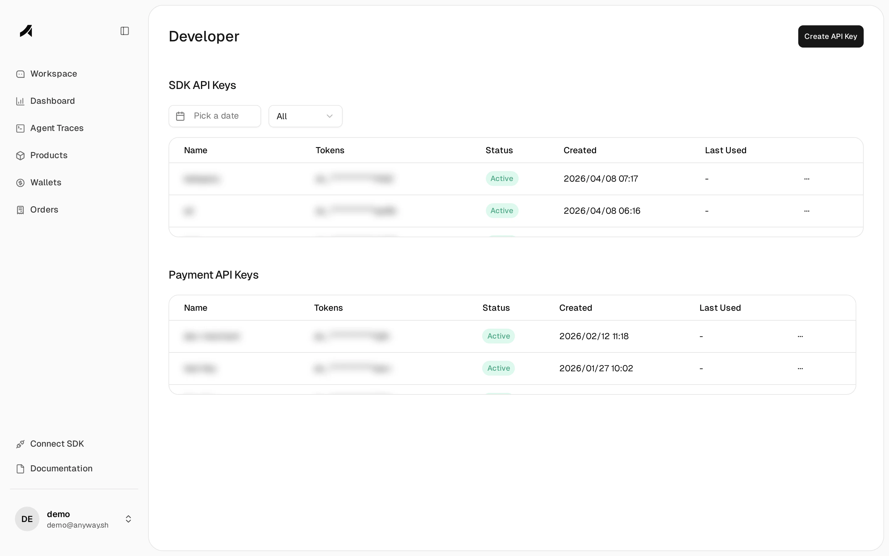 Developer — API key management