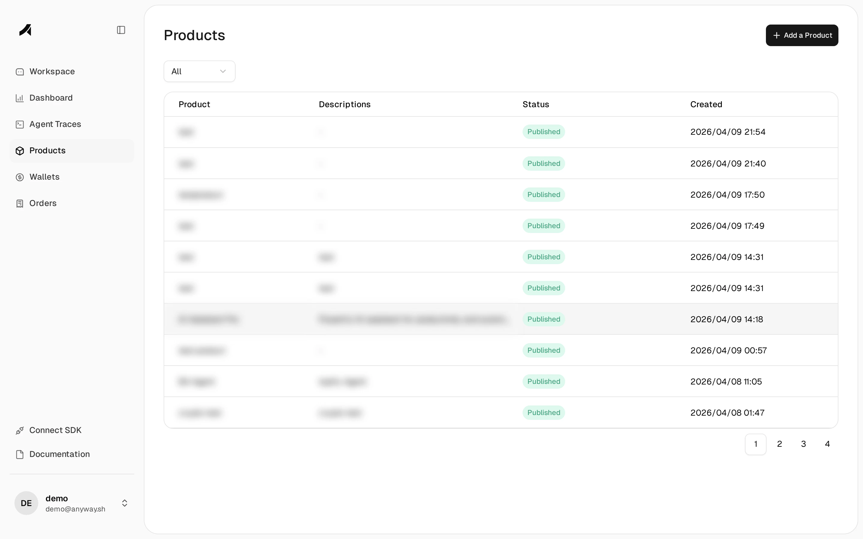 Products — catalog with status and payment links