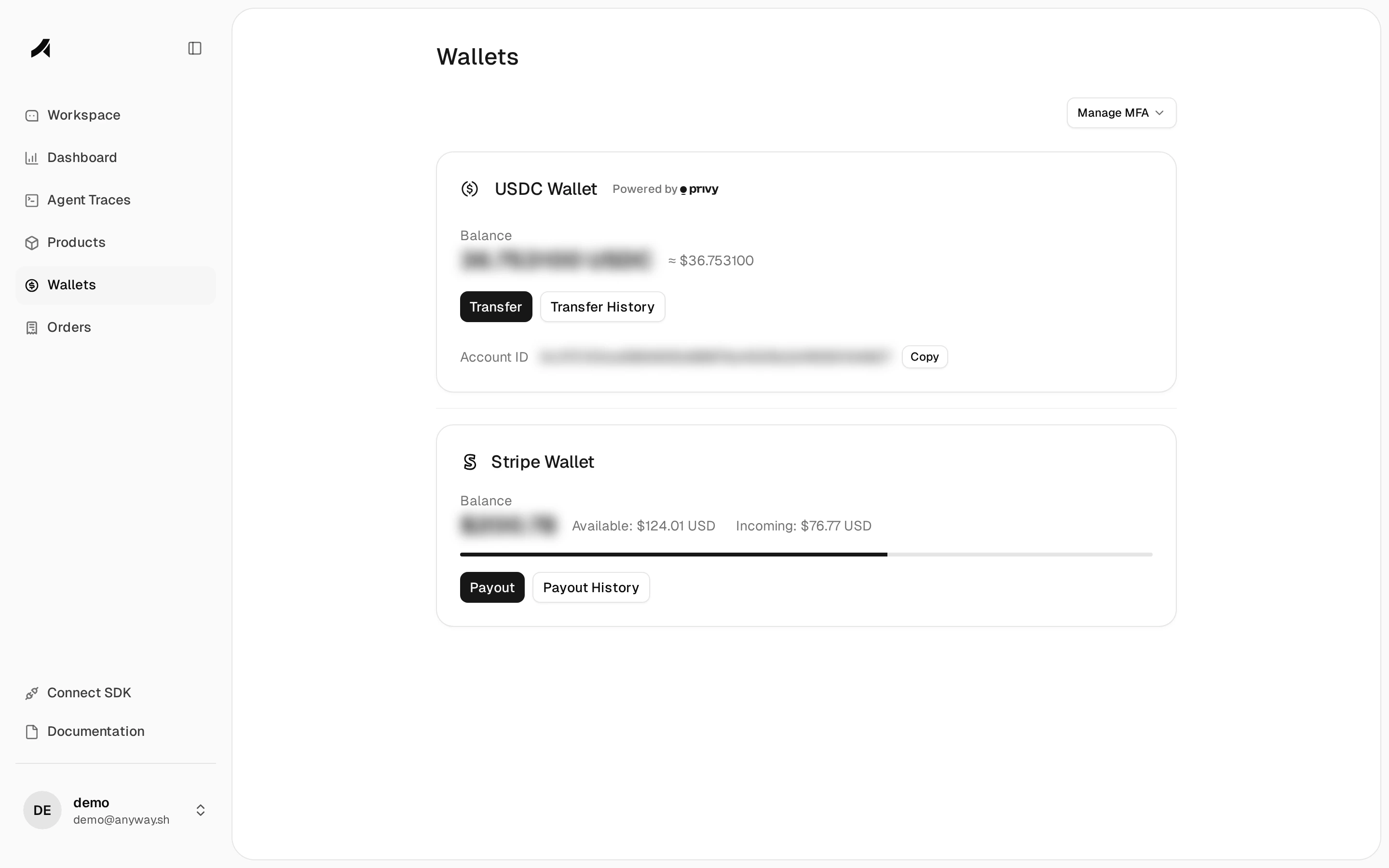 Wallets — USDC and Stripe balance management