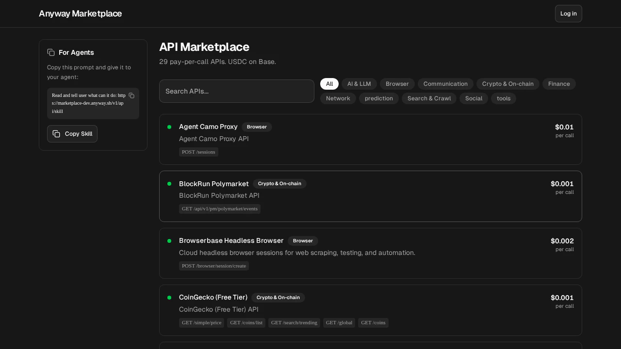 SuperAPI page showing available APIs with health status and pricing