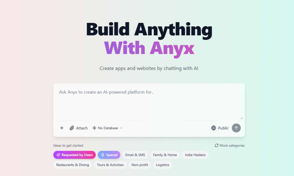 Anyx dashboard showing AI agent building an app