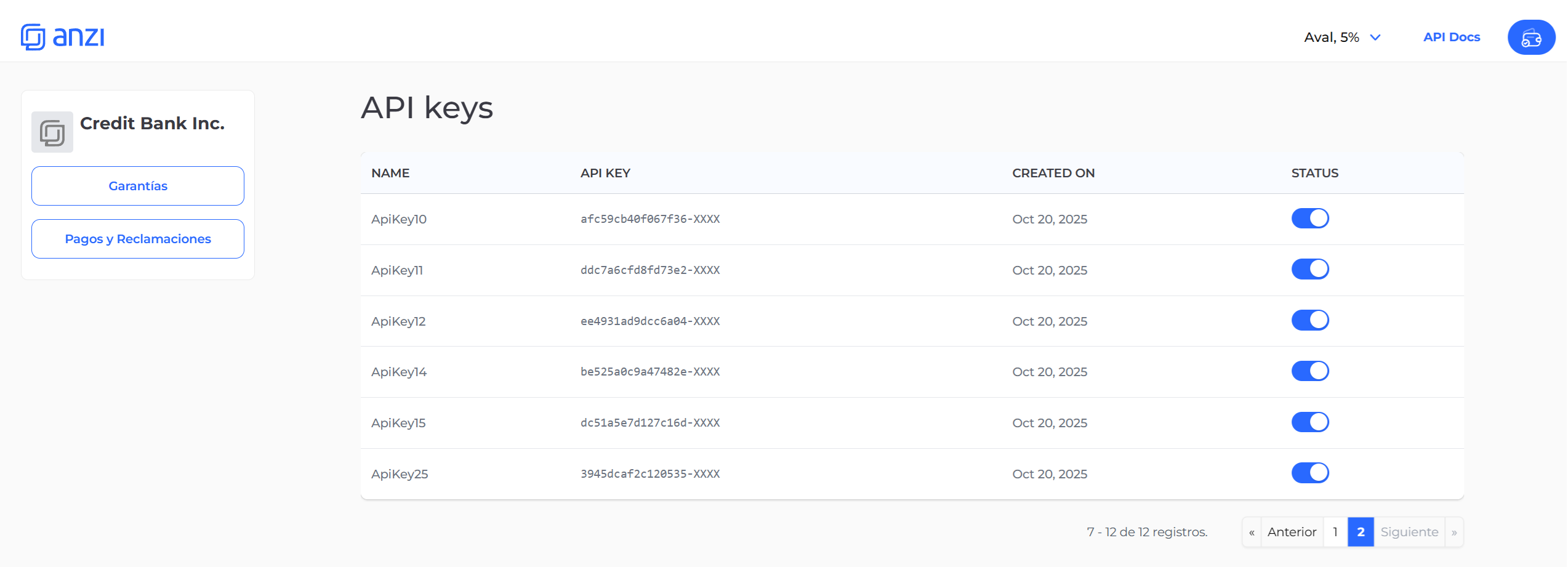 API Keys Management Interface