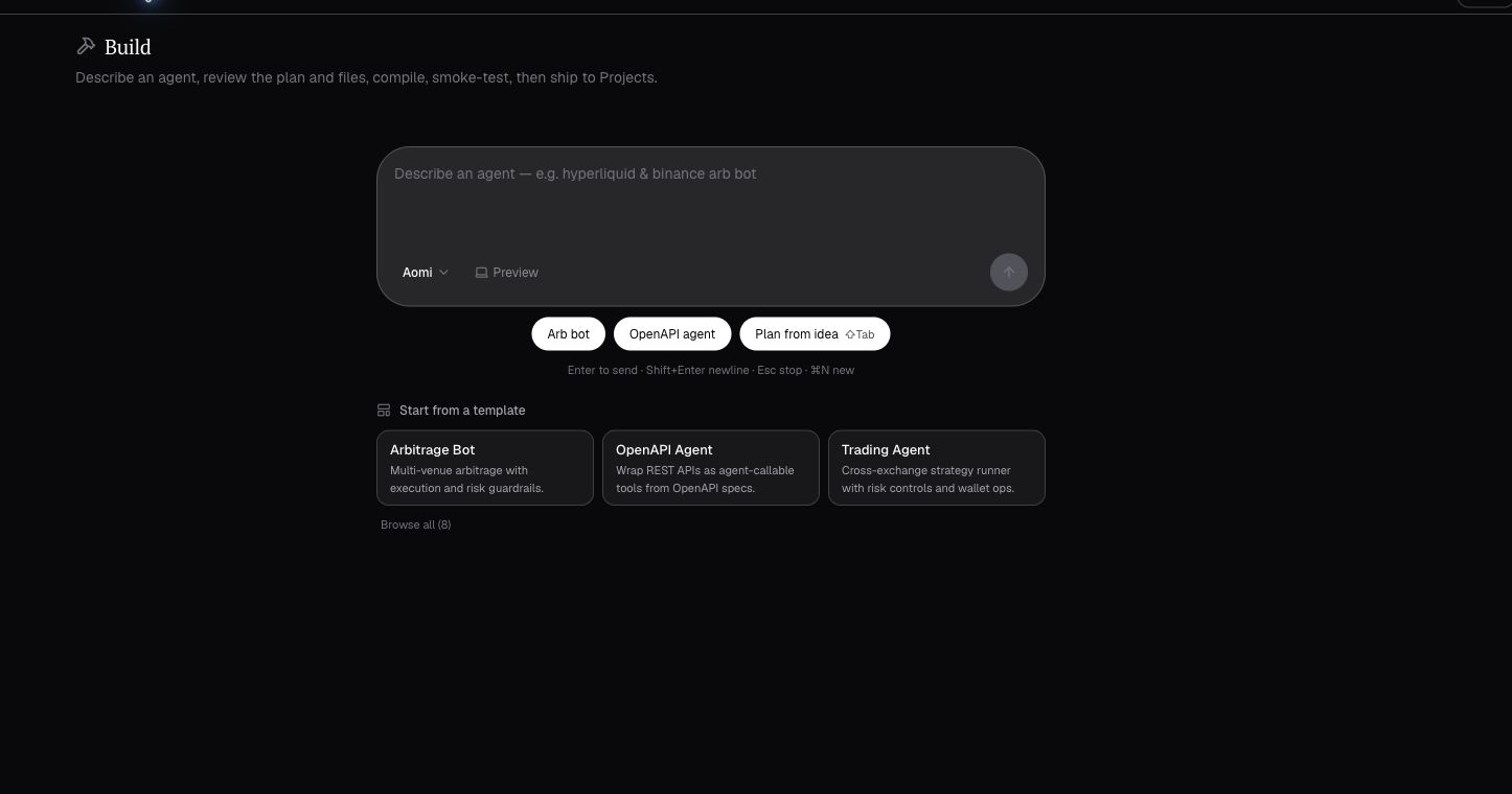 The Aomi Build creation screen with an App prompt and starter templates