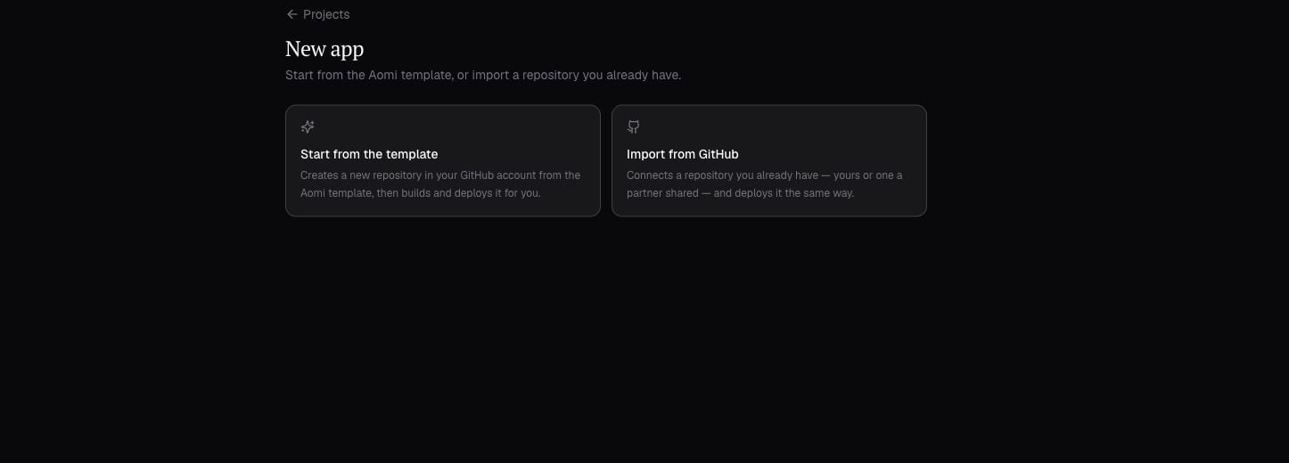 The New app screen in Aomi Build with template and GitHub import options