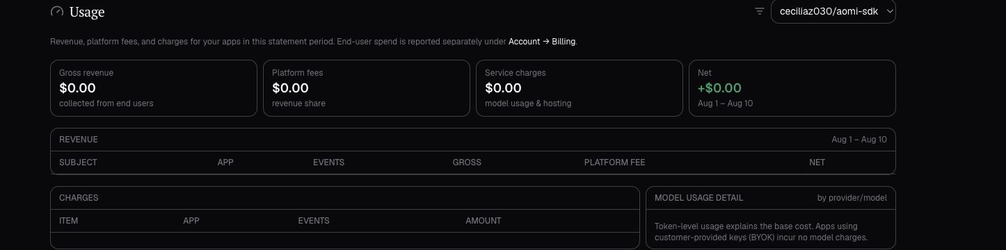 The Aomi Build Usage statement with revenue, platform fee, service charge, and net summaries