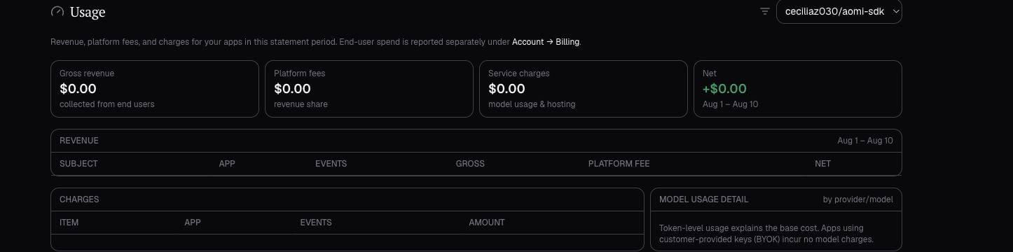 The Aomi Build Usage statement with revenue, platform fee, service charge, and net summaries