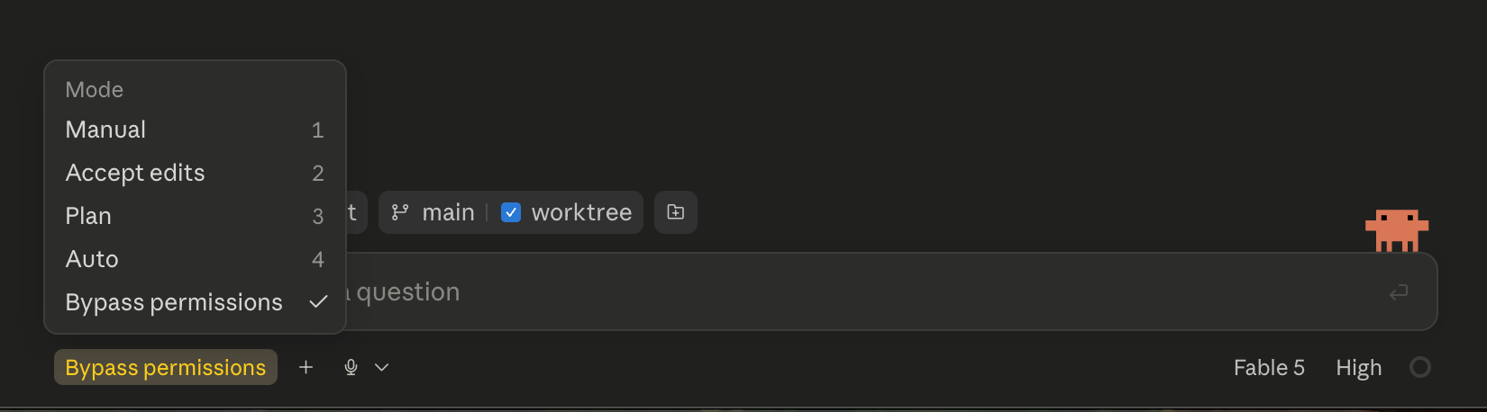 Claude Code's mode menu with Bypass permissions selected