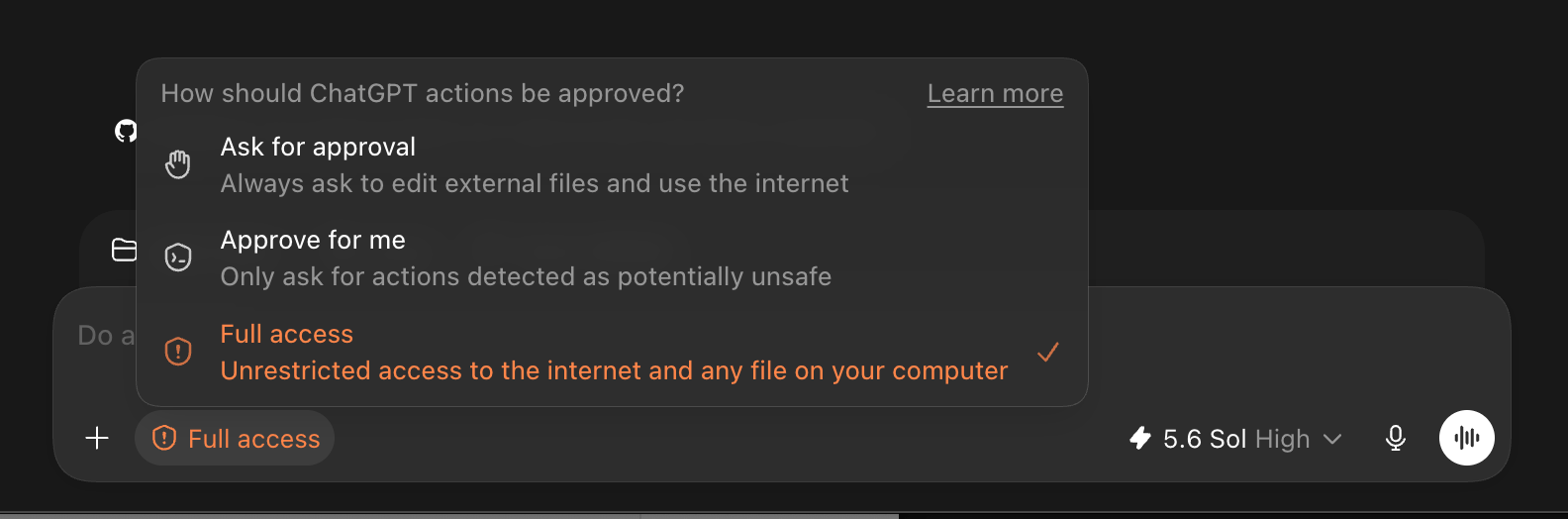 ChatGPT's approval menu with Full access selected