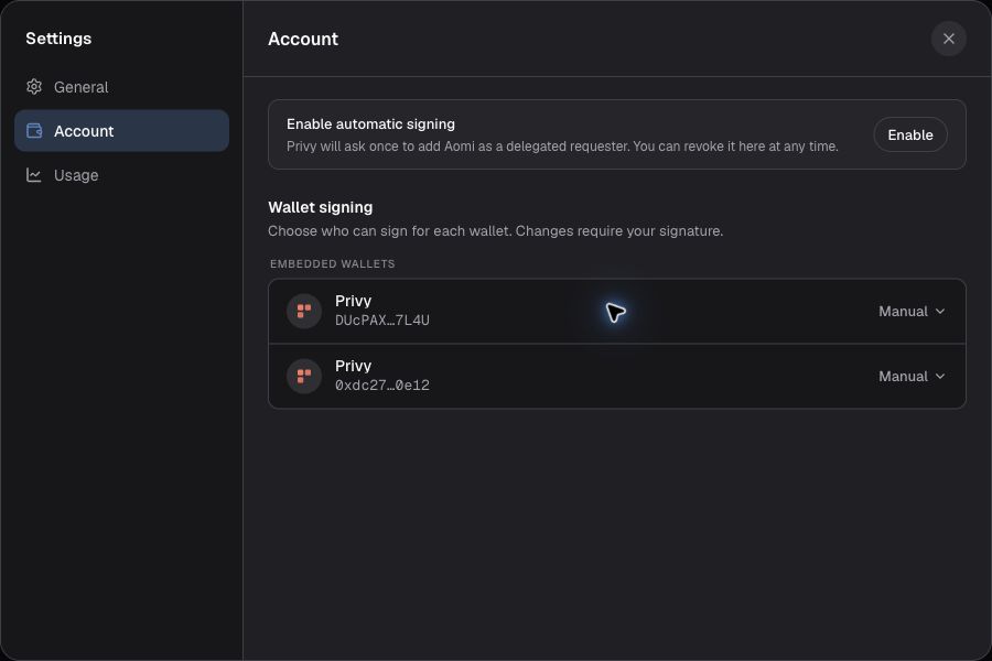 Aomi Account settings showing automatic signing controls and two embedded Privy wallets set to Manual