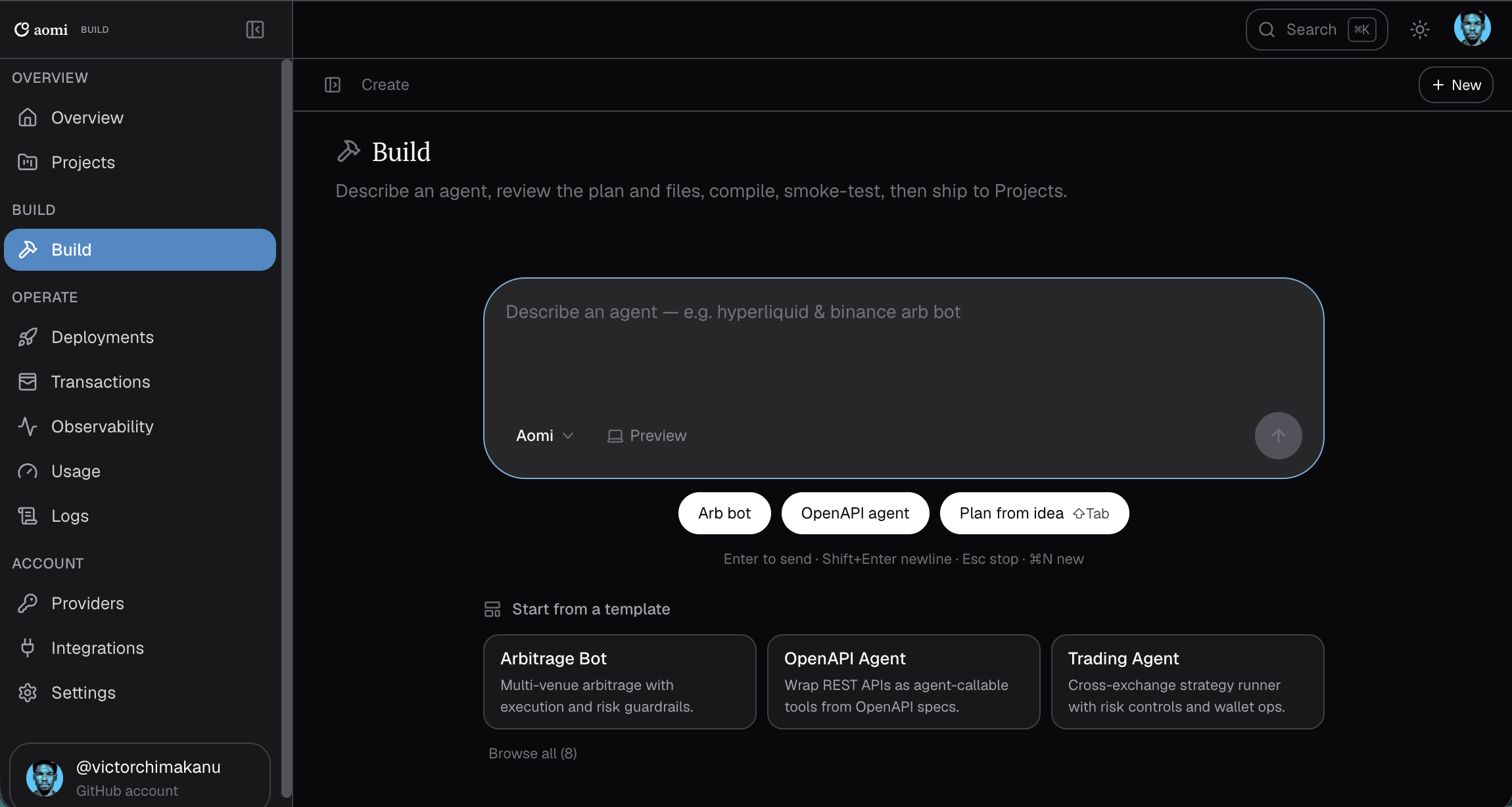 Build composer with a description field, prompt shortcuts, and Arbitrage Bot, OpenAPI Agent, and Trading Agent templates