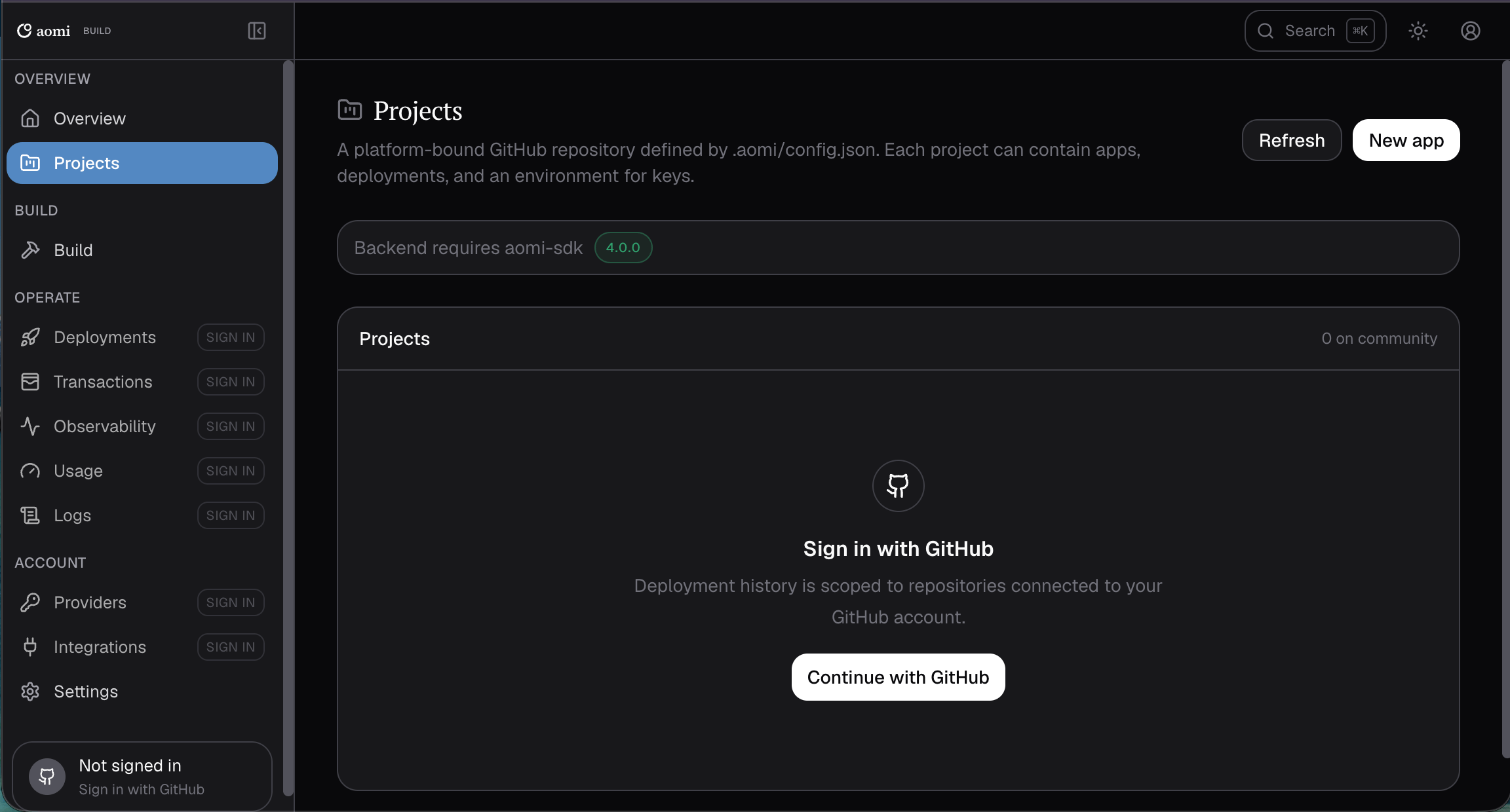 Projects page before sign-in with Continue with GitHub and SIGN IN badges in the sidebar