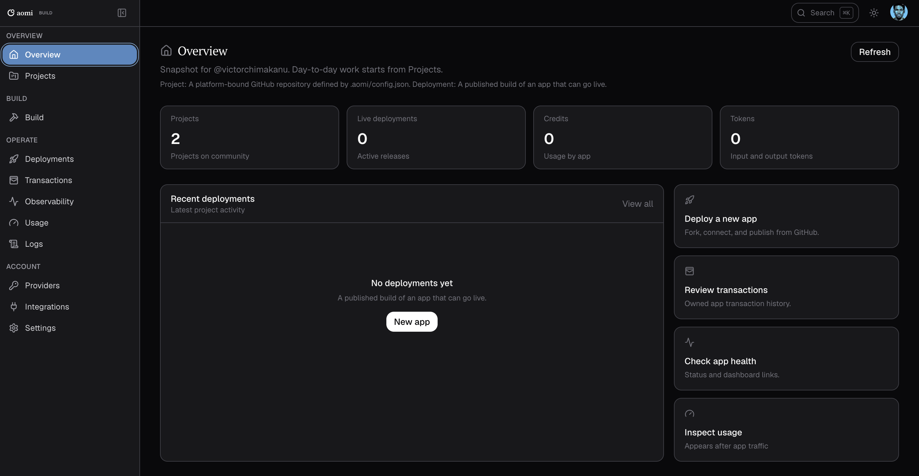 Overview showing two Projects, zero live deployments, and shortcuts to deploy, transactions, health, and usage