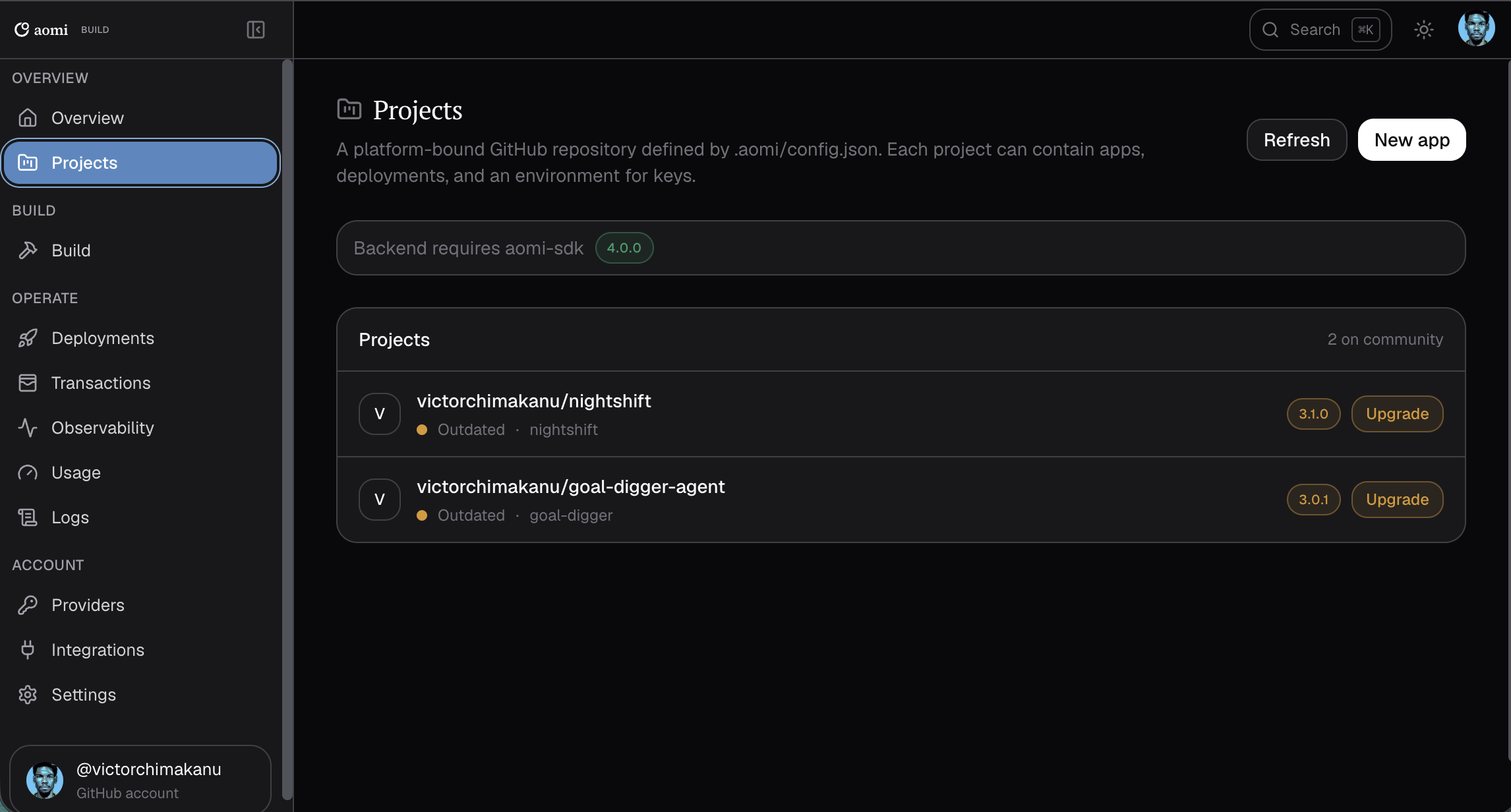 Projects listing nightshift and goal-digger with Outdated badges and Upgrade buttons