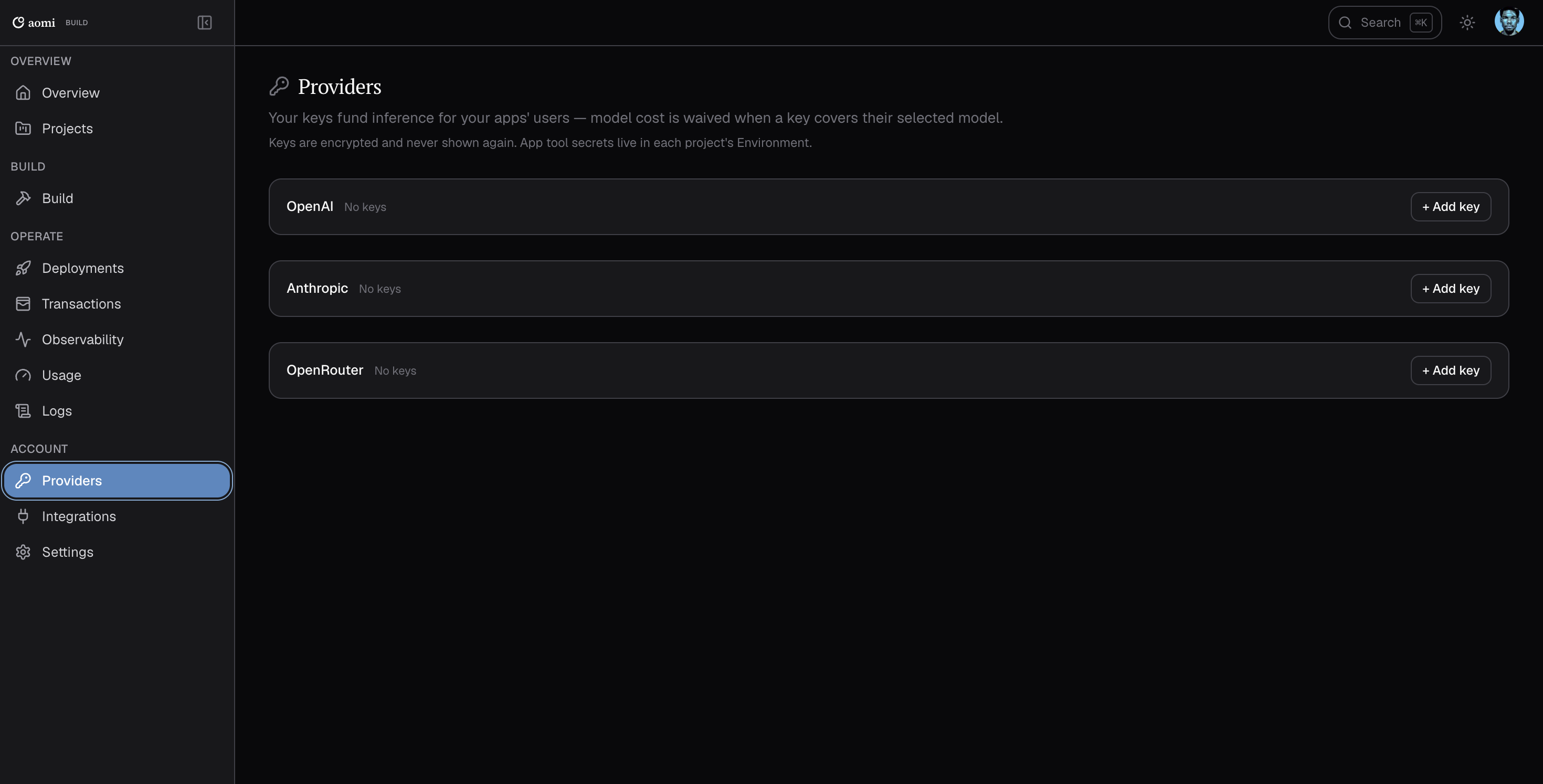 Providers page with OpenAI, Anthropic, and OpenRouter sections, each with an Add key button