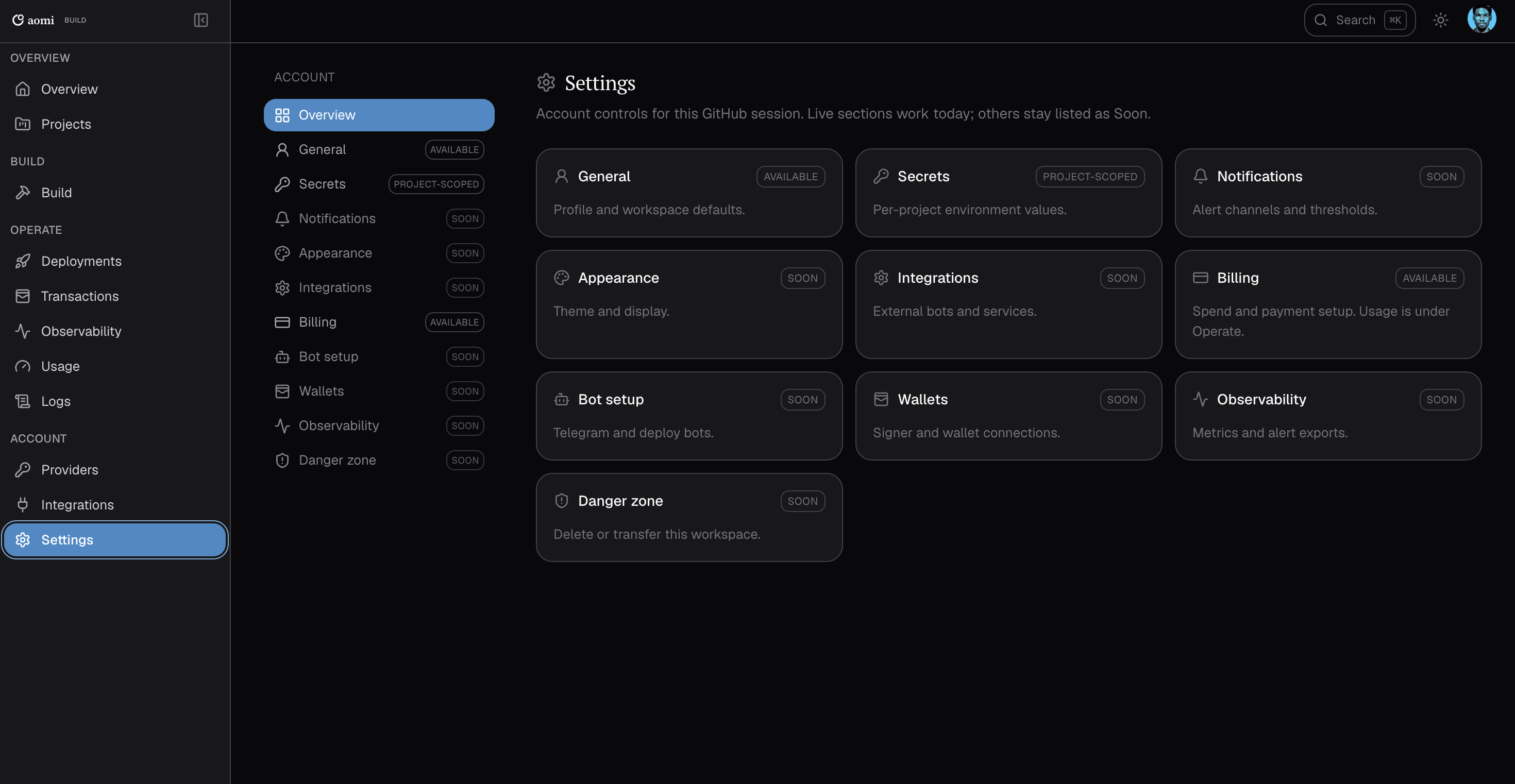 Settings overview with General and Billing Available, Secrets Project-scoped, and other cards marked Soon