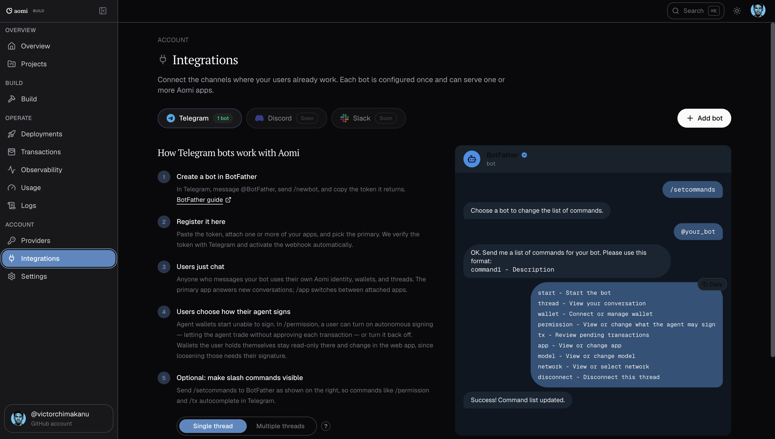 Telegram Integrations page with BotFather setup instructions and slash-command examples
