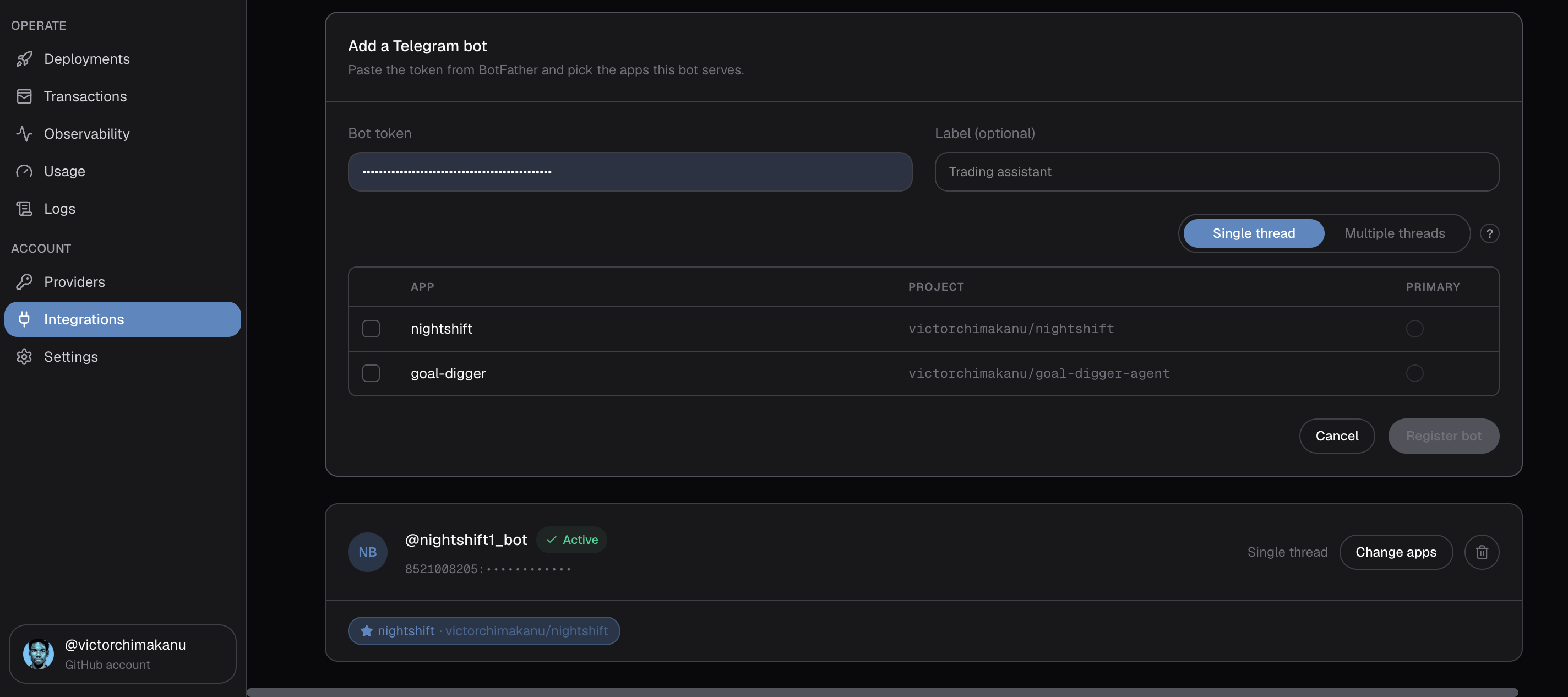 Telegram registration form with a masked token, thread mode, App checkboxes, Primary selection, and an existing Active bot