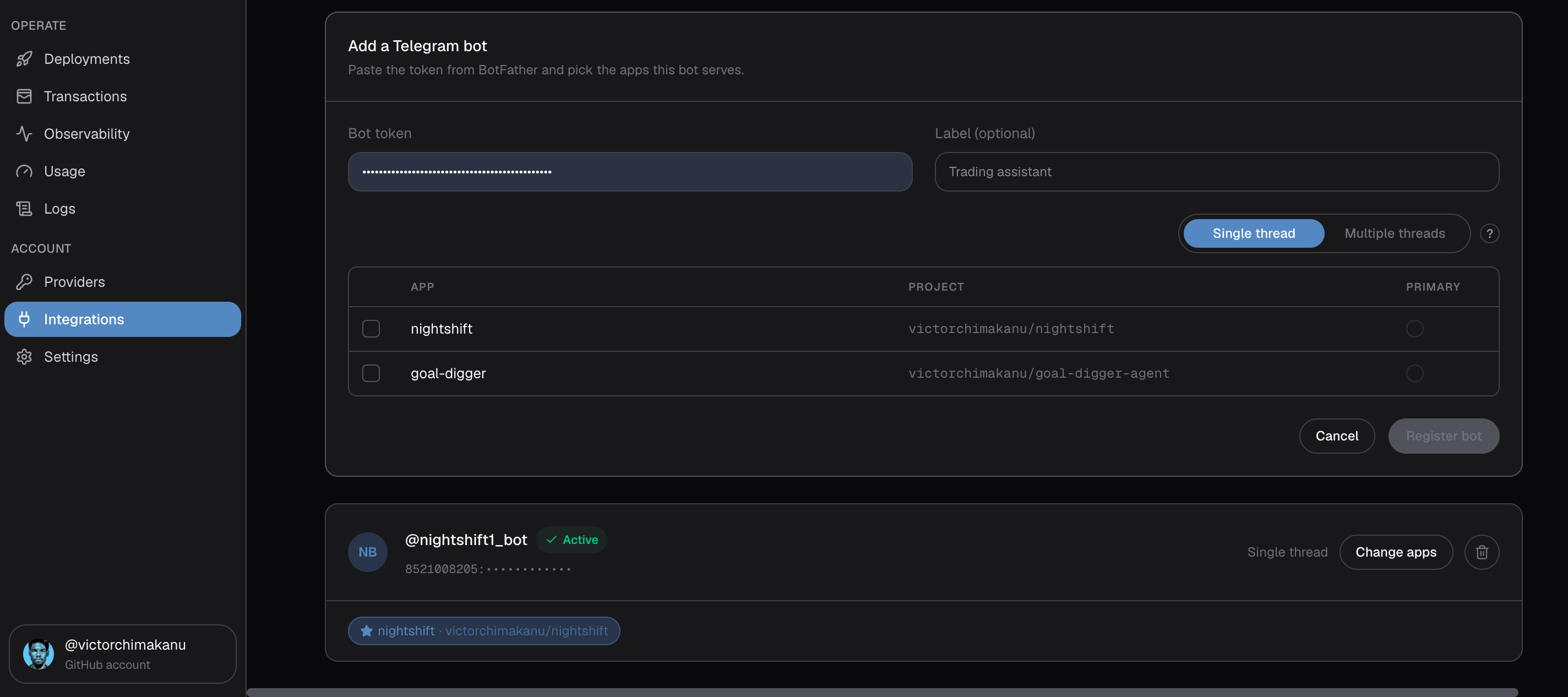 Telegram registration form with a masked token, thread mode, App checkboxes, Primary selection, and an existing Active bot