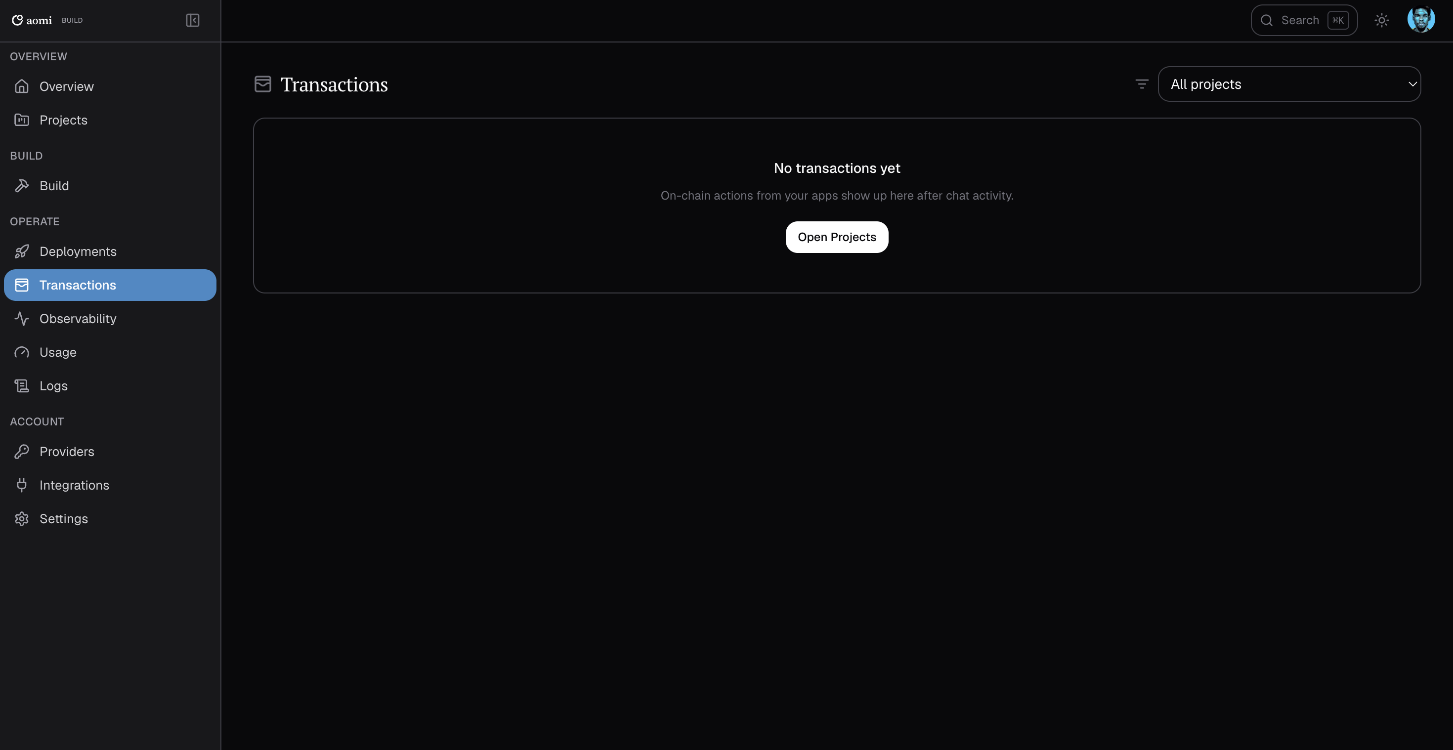 Transactions page with All projects selected and No transactions yet
