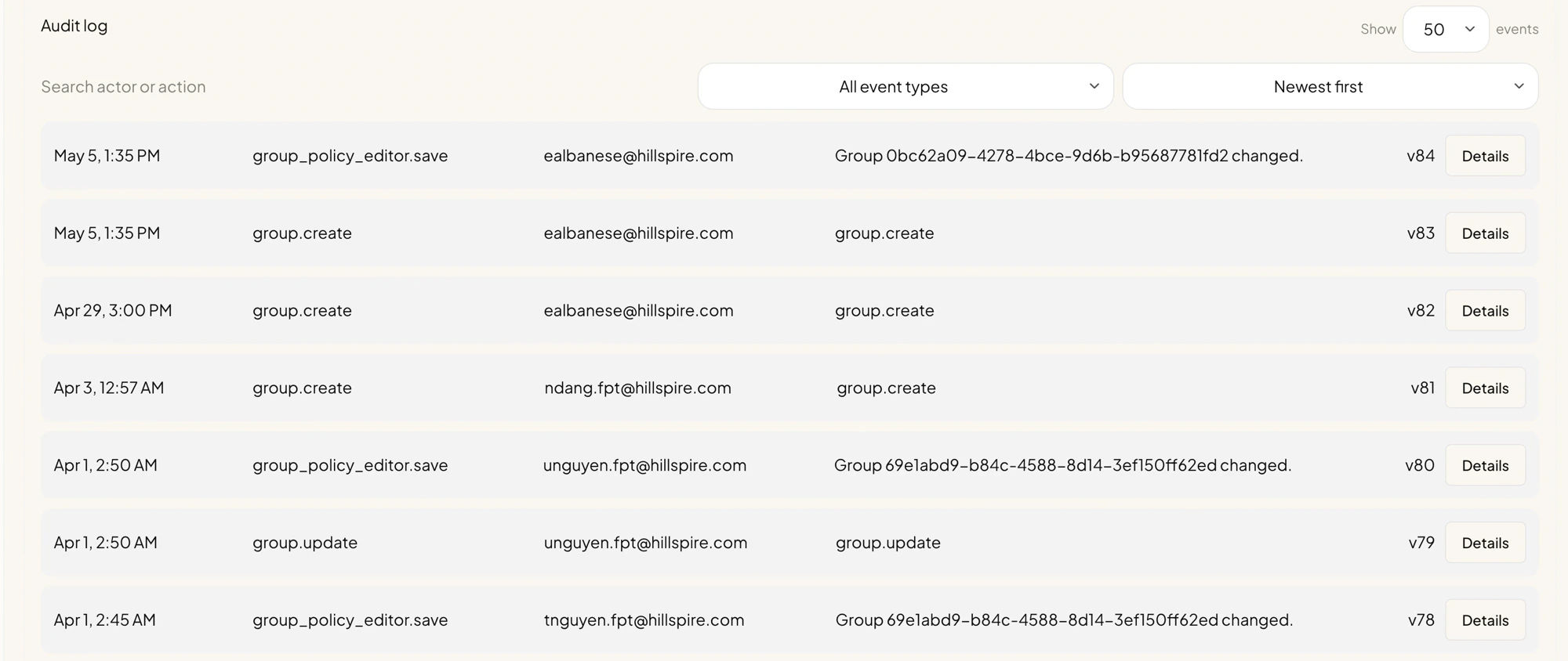 Audit log entries with columns for timestamp, action type (group_policy_editor.save, group.create, group.update), actor email, description, version number, and a Details button per row. Filters at the top include Search actor or action, an event type dropdown, and a Newest first sort dropdown.