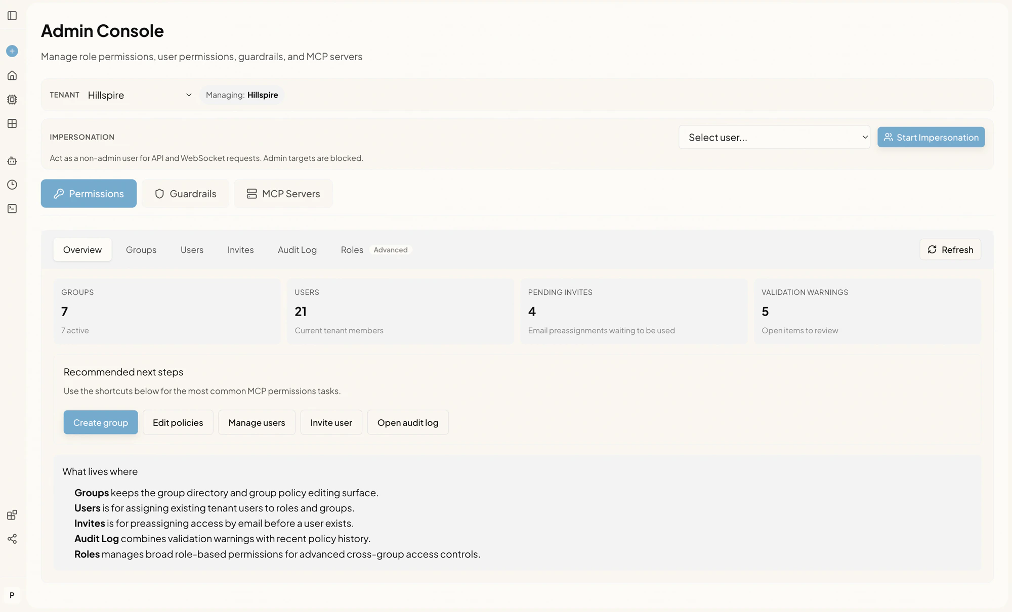 Admin Console Permissions tab showing tenant selector, impersonation panel, sub-tabs (Overview, Groups, Users, Invites, Audit Log, Roles), high-level metrics (groups, users, pending invites, validation warnings), recommended next steps, and a What lives where description block.