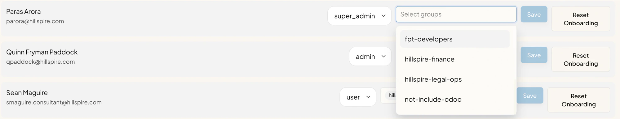 User row with the Select groups dropdown open, showing options fpt-developers, hillspire-finance, hillspire-legal-ops, and not-include-odoo.