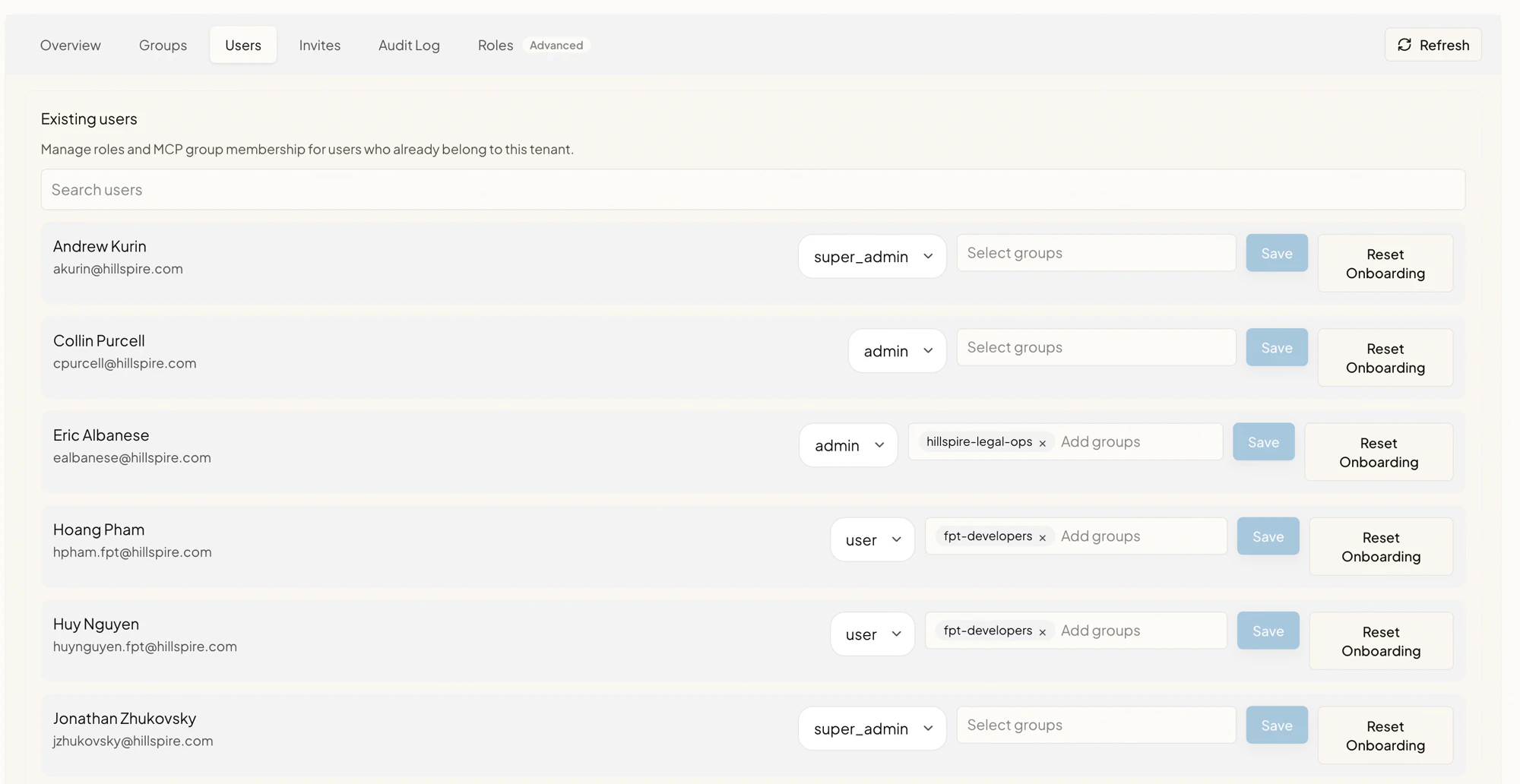 Users sub-tab showing the heading 'Existing users', a search input, and rows for individual users (Andrew Kurin, Collin Purcell, Eric Albanese, Hoang Pham, Huy Nguyen, Jonathan Zhukovsky) with their email, role dropdown (super_admin, admin, user), group multi-select, Save button, and Reset Onboarding button.