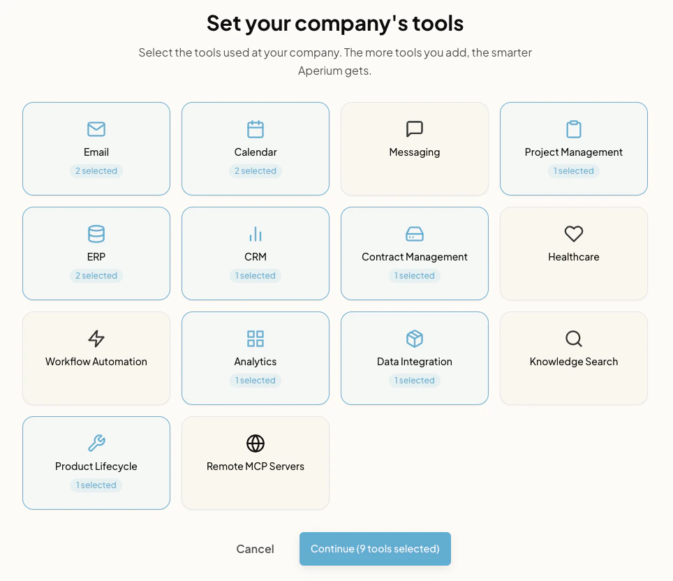 Set your company's tools onboarding screen with tiles for Email, Calendar, Messaging, Project Management, ERP, CRM, Contract Management, Healthcare, Workflow Automation, Analytics, Data Integration, Knowledge Search, Product Lifecycle, and Remote MCP Servers.