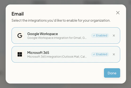 Email integrations modal showing Google Workspace and Microsoft 365 options.