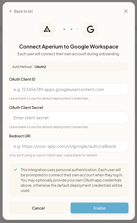 Connect Aperium to Google Workspace form with OAuth Client ID, OAuth Client Secret, and Redirect URI fields, and a note explaining that personal authentication is used.