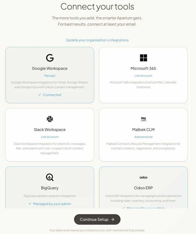Connect your tools page with Google Workspace marked Connected, Microsoft 365 and Slack Workspace showing Link Account, Malbek CLM showing Add personal, and BigQuery and Odoo ERP showing Managed by your admin.