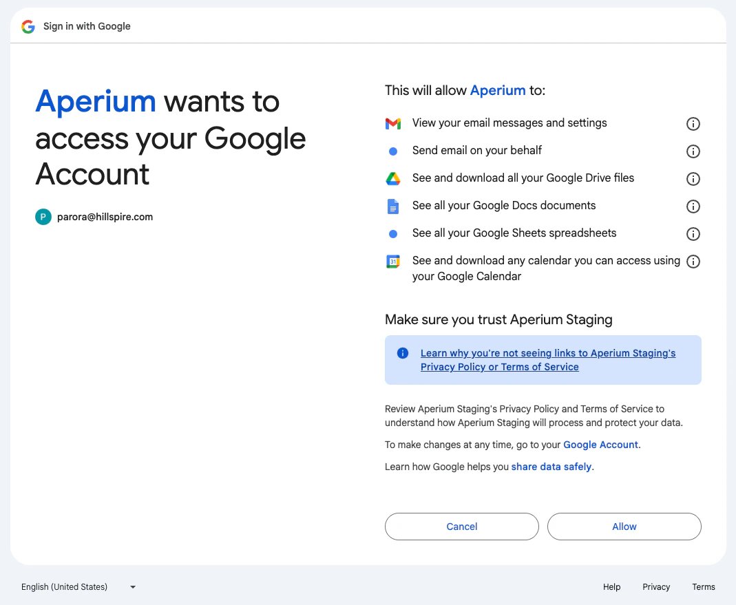 Google sign-in consent screen titled 'Aperium wants to access your Google Account' with scopes listed for Gmail, Google Drive, Google Docs, Google Sheets, and Google Calendar, plus Cancel and Allow buttons.