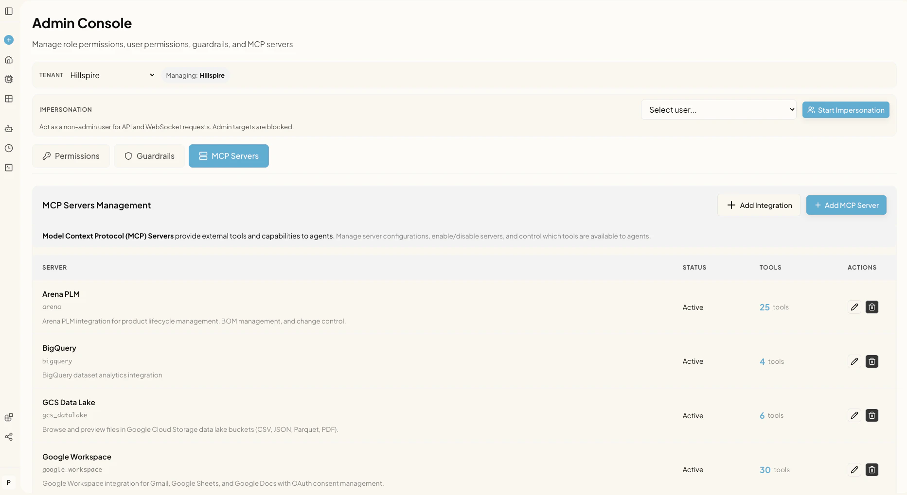 Admin Console MCP Servers tab showing tenant selector, impersonation controls, and a table of configured servers (Arena PLM, BigQuery, GCS Data Lake, Google Workspace) with status, tool count, and edit and delete actions, plus Add Integration and Add MCP Server buttons.