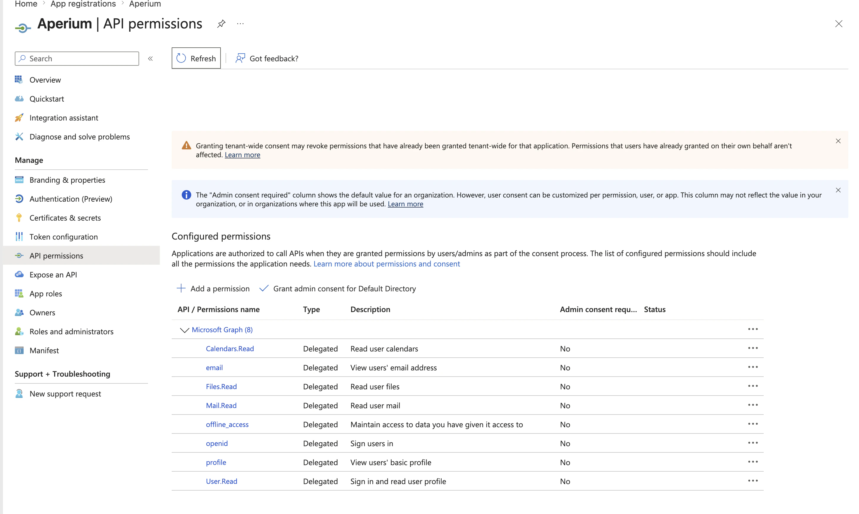 Azure portal API permissions page for the Aperium app registration showing Microsoft Graph delegated permissions including Calendars.Read, email, Files.Read, Mail.Read, offline_access, openid, profile, and User.Read.
