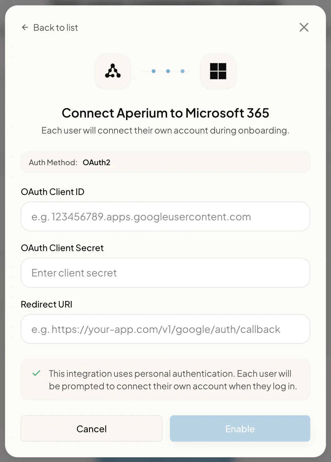 Connect Aperium to Microsoft 365 form with Auth Method set to OAuth2 and fields for OAuth Client ID, OAuth Client Secret, and Redirect URI, plus Cancel and Enable buttons.