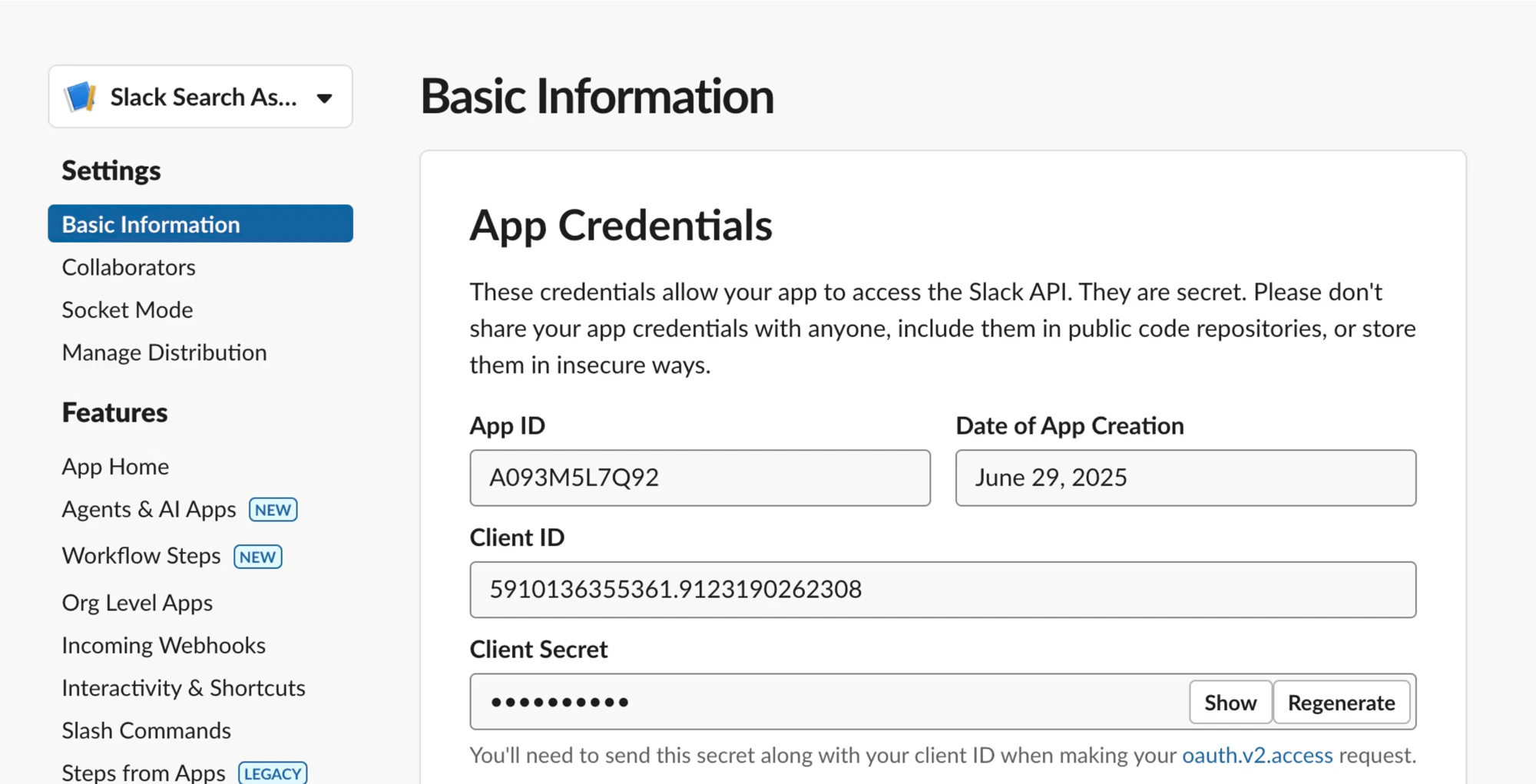 Slack app dashboard Basic Information page with App ID, Client ID, and Client Secret fields under the App Credentials section.