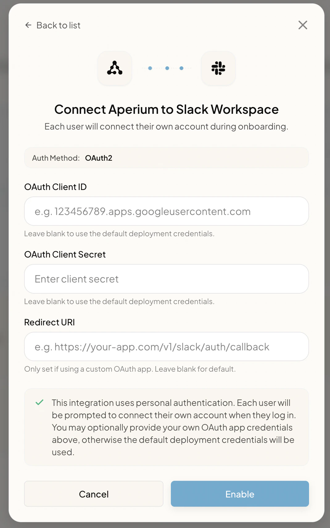 Connect Aperium to Slack Workspace form with Auth Method set to OAuth2 and fields for OAuth Client ID, OAuth Client Secret, and Redirect URI, plus Cancel and Enable buttons.