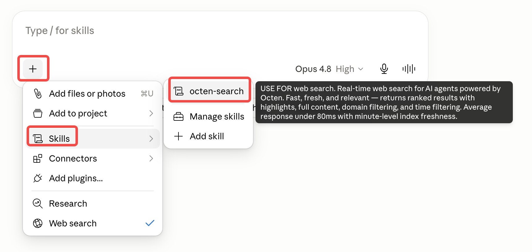 Chat plus-menu Skills submenu listing octen-search